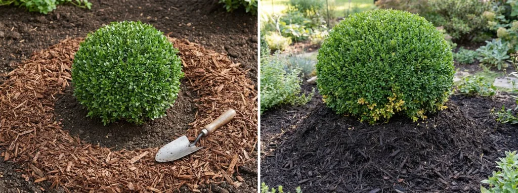 Two boxwood balls in garden beds: on the left a flat ring of bark mulch with bare soil around the stems, on the right dark mulch heaped against the plant with yellowing lower leaves.