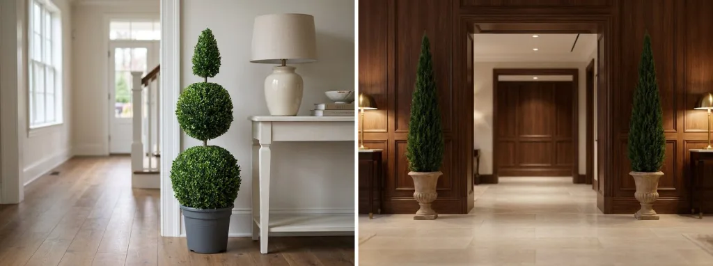 A preserved boxwood cone and double ball in a gray pot beside a hall console, and a pair of preserved cones in stone urns either side of a paneled office corridor.