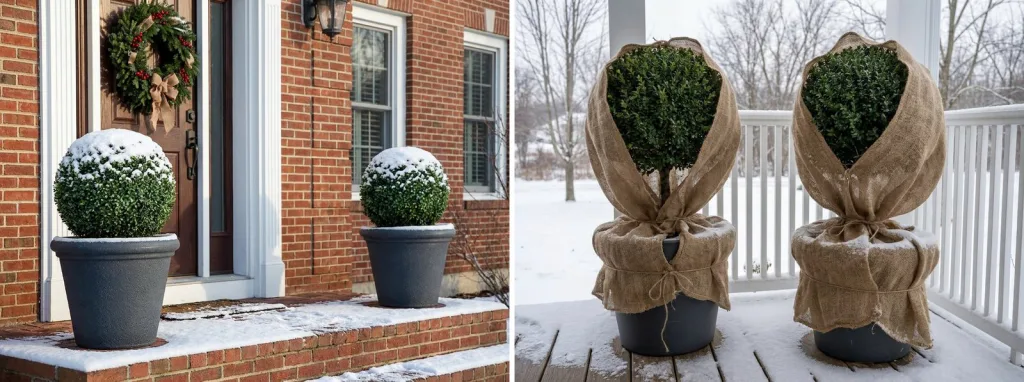 A pair of boxwood balls in gray planters by a red brick front door after a light snow, and two boxwood topiaries on a porch wrapped loosely in burlap.