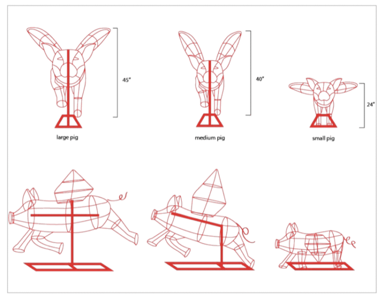 CAD line drawing of three flying pig topiary frames shown in graduated sizes