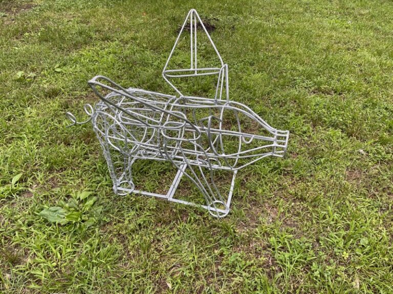 Bare wire flying-pig topiary frame lying in grass, showing internal wire structure