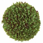 Artificial ball of ruffled green leaves, photographed against a white background
