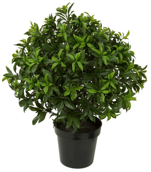 Round, dense artificial sweet bay bush with small glossy green leaves in a black plastic pot.