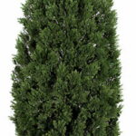 Tall cone-shaped artificial cedar topiary with dense green foliage, staged in an ornate bronze-toned pot.