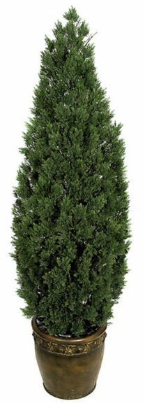 Tall cone-shaped artificial cedar topiary with dense green foliage, staged in an ornate bronze-toned pot.
