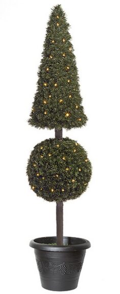 Artificial pine cone topiary strung with mini lights, with a rounded ball tier beneath the cone, in a black pot
