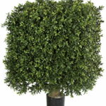 Square artificial boxwood topiary on a short natural wood trunk in a plain black plastic pot