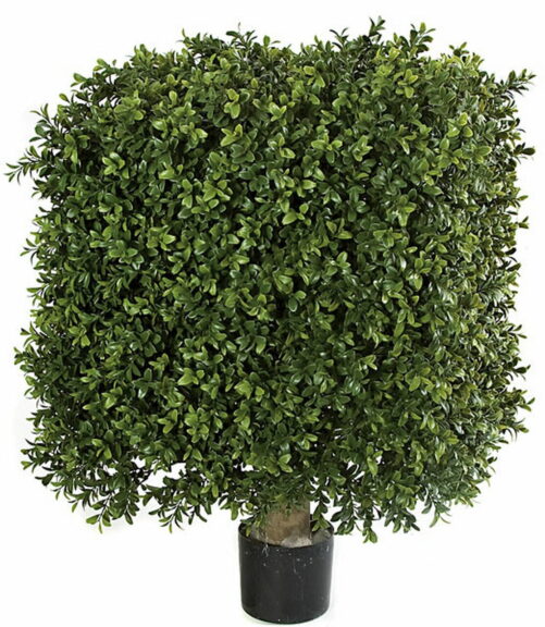 Square artificial boxwood topiary on a short natural wood trunk in a plain black plastic pot