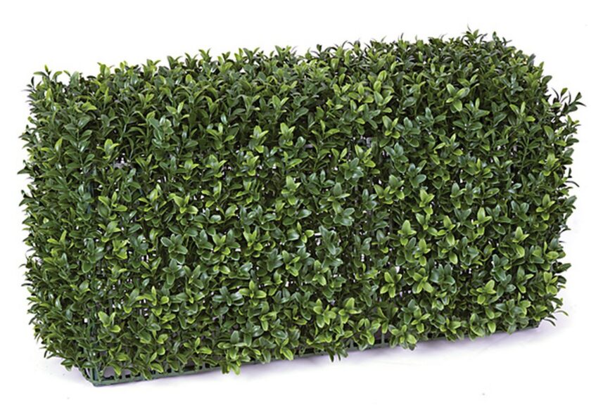 Dense green artificial boxwood hedge panel, rectangular block shape