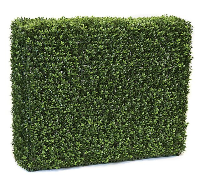 Dense green artificial boxwood hedge panel shown as a rectangular block on a white background.