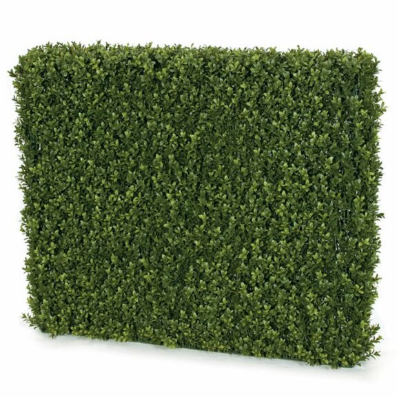Rectangular artificial boxwood hedge panel, dense green foliage, on a white background