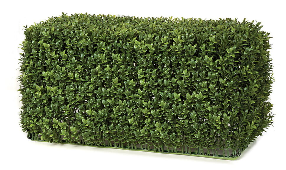 Rectangular artificial boxwood hedge section with dense green foliage, angled view