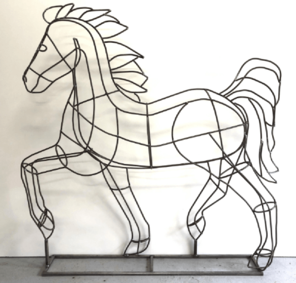 Wire-frame prancing horse sculpture with head facing left, mounted on a rectangular steel base, unfoliaged