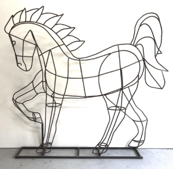Wire-frame prancing horse sculpture with head facing right, showing the mane, tail, and leg outlines, unfoliaged