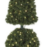 Pre-lit PVC pine topiary in a pyramid-over-ball shape in a black pot