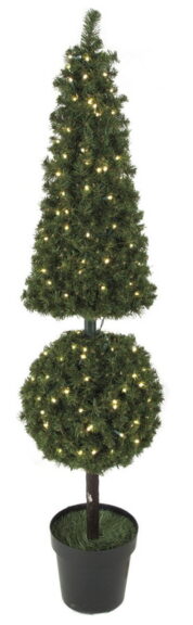 Pre-lit PVC pine topiary in a pyramid-over-ball shape in a black pot