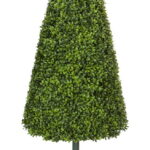 Cone-shaped artificial English boxwood topiary on a bare stem, shown against a white background
