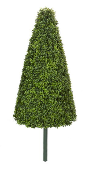 Cone-shaped artificial English boxwood topiary on a bare stem, shown against a white background