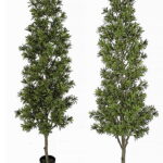 Two artificial podocarpus trees with narrow dark green leaves, standing side by side in black nursery pots.
