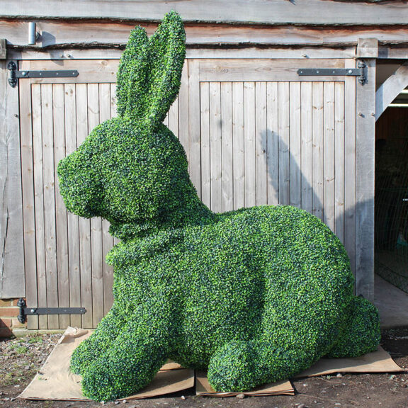 Side view of a boxwood rabbit topiary with ears raised, standing on paper in front of a timber barn door