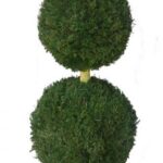 Two preserved boxwood spheres stacked on a stem, potted in a dark round container.