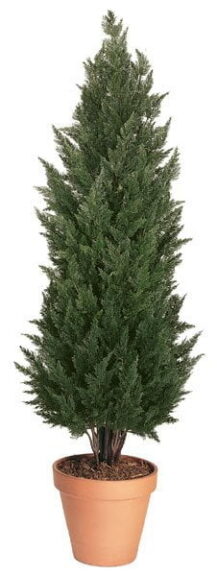 Cone-shaped artificial cypress tree in a terracotta pot, photographed against a white background.