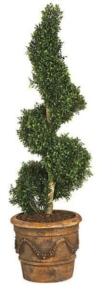 Artificial spiral topiary in an ornate faux-aged planter, photographed on white