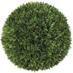 Dense round ball of small green leaves forming an artificial topiary sphere, shown on a white background.