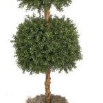 Artificial boxwood topiary with two clipped balls on a natural trunk, in a decorative stone-look pot