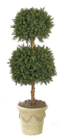 Artificial boxwood topiary with two clipped balls on a natural trunk, in a decorative stone-look pot