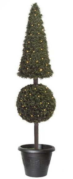 PVC pine topiary with pyramid and ball tiers, lit with small lights, in a decorative pot