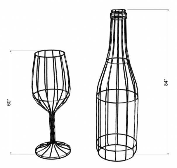 Line-art CAD drawing of a wine glass and bottle topiary frame with dimension callouts