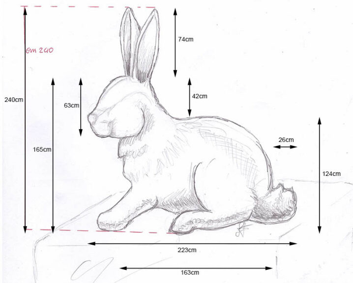 Pencil working drawing of the sitting rabbit, dimensioned for overall height, body length and ear height