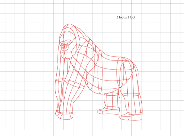 Red-line CAD wireframe diagram of a gorilla topiary on a grid, labeled with size notes.