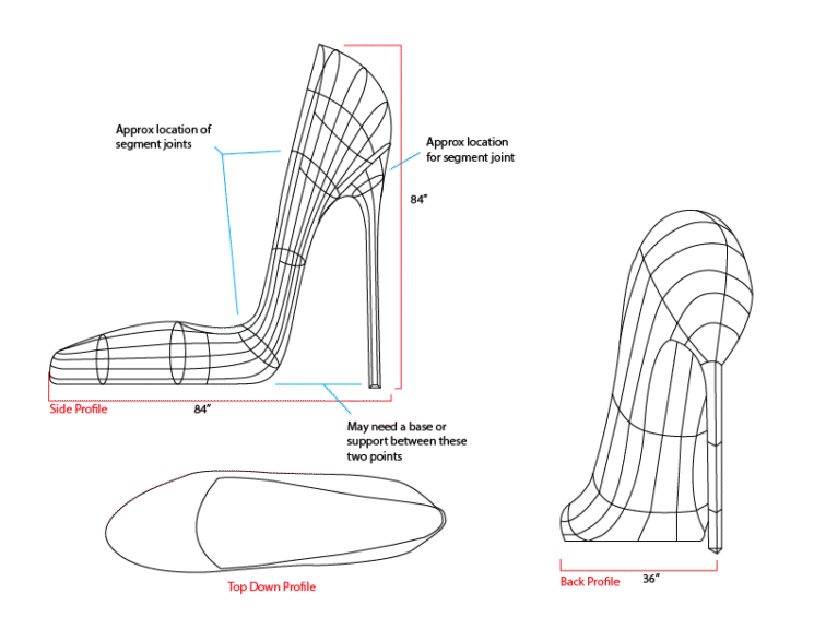 CAD drawing of a high-heeled shoe topiary showing side, top-down, and back profiles with construction notes