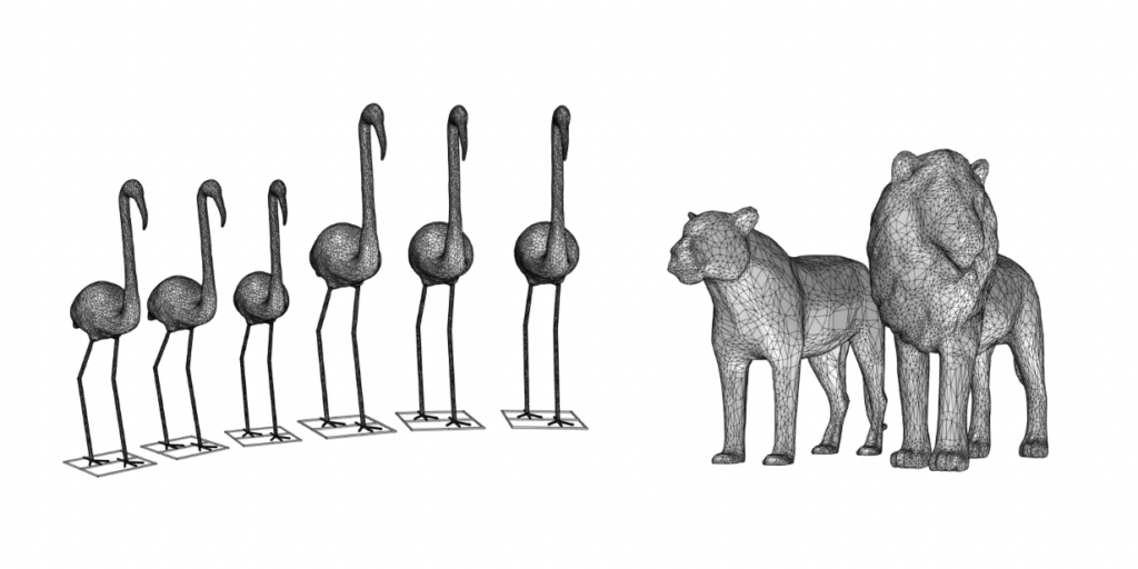 Digital wireframe models of six standing flamingos beside a lion and a lioness