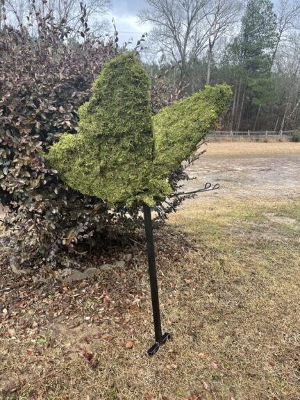 A moss butterfly on a garden stake outdoors, near a bare shrub and gravel path in winter.