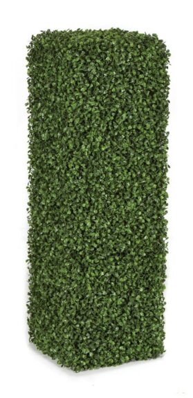 Tall rectangular column of dense artificial boxwood foliage on a white background
