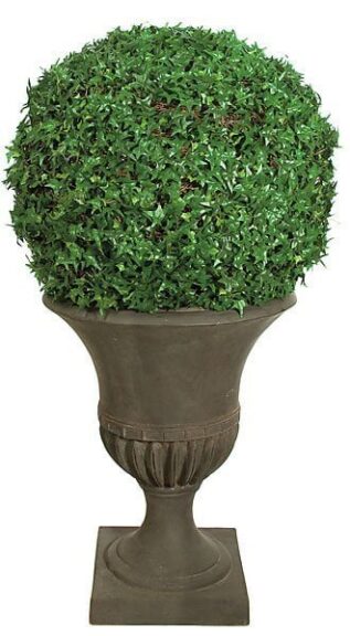 Artificial needle-point ivy ball with fine lacy leaves, displayed in a fluted urn planter