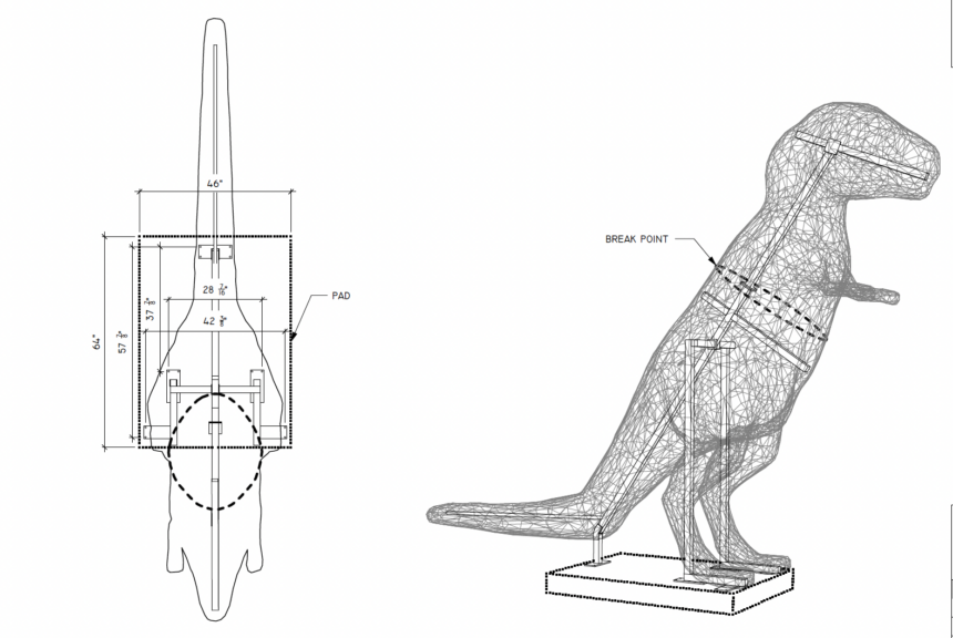 CAD drawing of the T-Rex showing the internal steel armature, marked break point and base pad