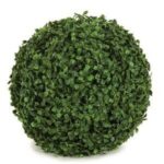 Small artificial boxwood topiary ball with dense green synthetic leaves, on white background.