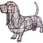 Bare wire-frame topiary sculpture of a basset hound, shown unfilled against a white background.