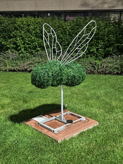 Bumble bee topiary with clipped green foliage body, wire wings and small lights, on a paver base
