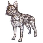 Wire-frame Boston Terrier sculpture with ears up, on a white background