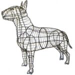 Unfilled wire-frame topiary of a standing bull terrier with pointed ears, on a white background.