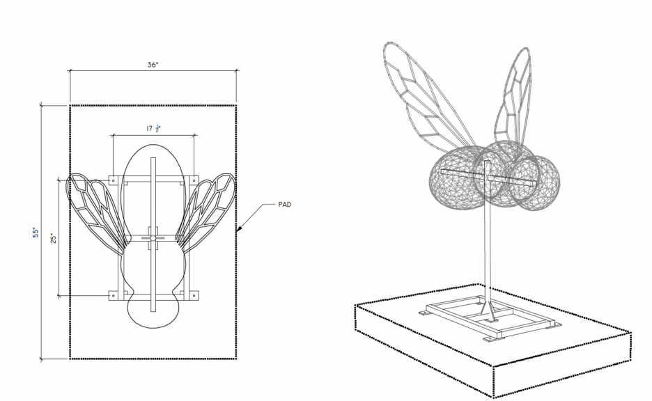 CAD engineering drawing of the bee topiary frame with dimension callouts