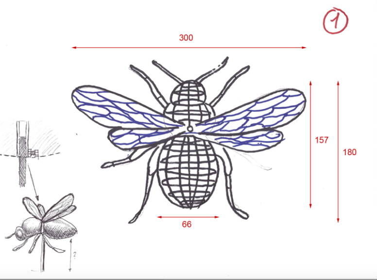 Hand-drawn concept sketch of a bee topiary with dimension notes