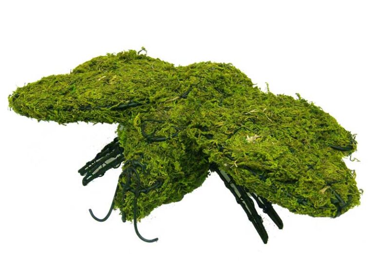 Moss-covered bumblebee topiary with dark wire legs, resting low with mossed wings visible