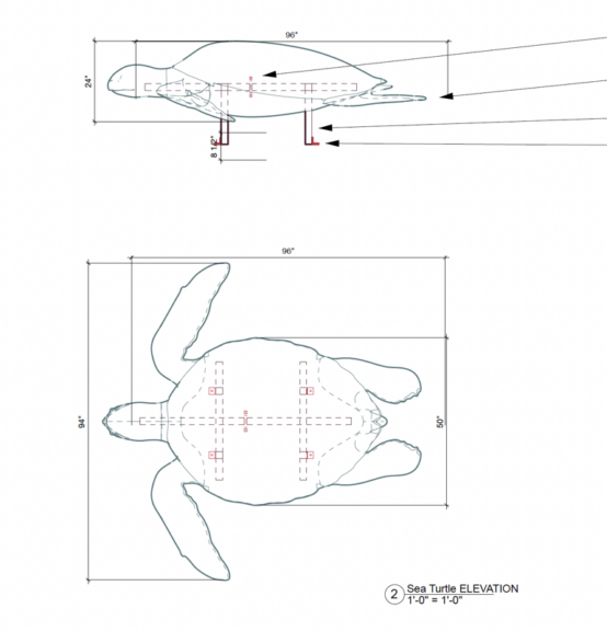 CAD line drawing of a sea turtle topiary shown from the side and from above with dimensions