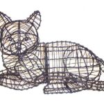 Wire-frame cat topiary in a lying pose, shown as an unfilled black metal armature